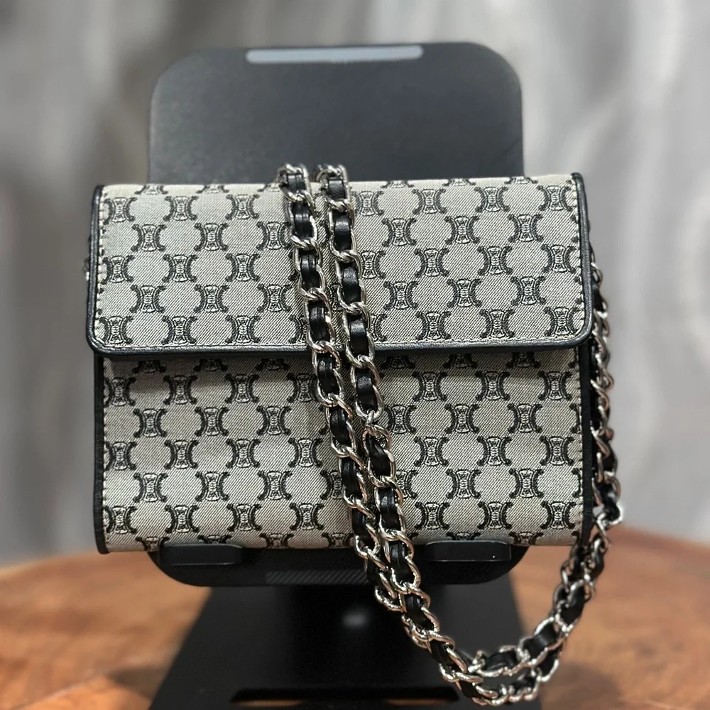 Vintage Celine Triomphe Monogram Wallet Black Grey Canvas Compact Clutch - Picture 10 of 12